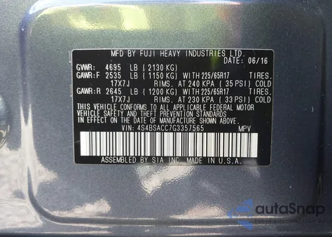 2016 Subaru Outback 2.5I Premium z USA, uszkodzony, nr VIN 4S4BSACC7G3357565